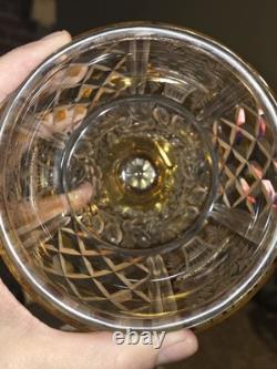 Vintage Bohemian Amber Cut Crystal Compote Hand Cut Engraved Floral Pedestal