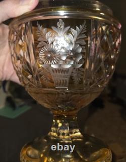 Vintage Bohemian Amber Cut Crystal Compote Hand Cut Engraved Floral Pedestal