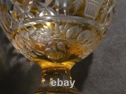 Vintage Bohemian Amber Cut Crystal Compote Hand Cut Engraved Floral Pedestal