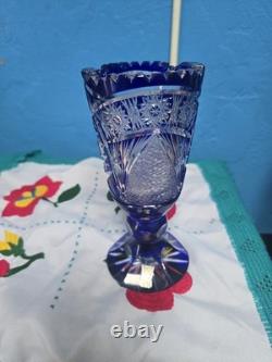 Vintage Bohemian Cobalt Blue Base cut to clear crystal glass vase