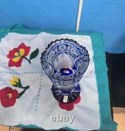 Vintage Bohemian Cobalt Blue Base cut to clear crystal glass vase