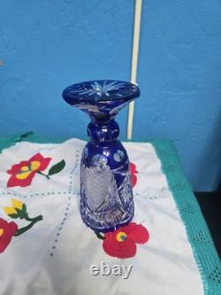 Vintage Bohemian Cobalt Blue Base cut to clear crystal glass vase