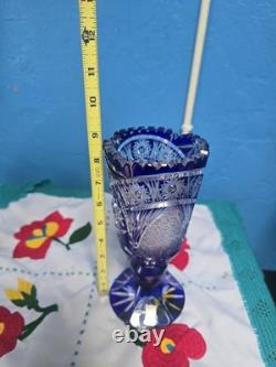 Vintage Bohemian Cobalt Blue Base cut to clear crystal glass vase