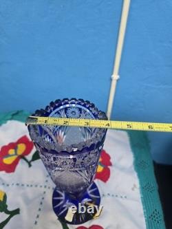 Vintage Bohemian Cobalt Blue Base cut to clear crystal glass vase
