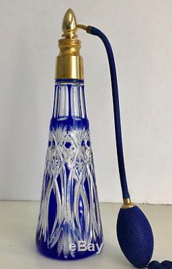 Vintage Bohemian Cobalt Blue Cased Cut To Clear Crystal Atomizer Perfume Bottle