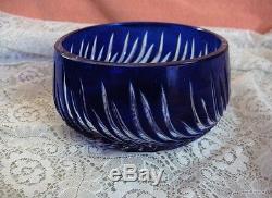 Vintage Bohemian Cobalt Blue Lead Crystal Art Cut Glass Round Bowl Feather Cut