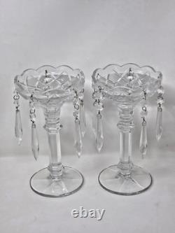 Vintage Bohemian Cut Glass Lead Crystal Candle Holders With Hanging Prism Accents