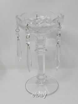 Vintage Bohemian Cut Glass Lead Crystal Candle Holders With Hanging Prism Accents