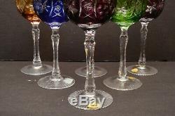 Vintage Bohemian Cut to Clear Tall Crystal Wine Hocks Multi Color glasses Set 6