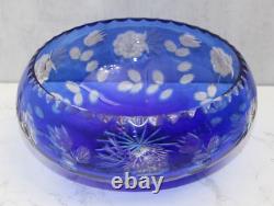 Vintage Bohemian Czech Cobalt Blue Cut Clear Crystal Glass Large Bowl 9 Floral