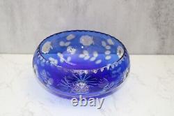 Vintage Bohemian Czech Cobalt Blue Cut Clear Crystal Glass Large Bowl 9 Floral