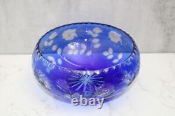 Vintage Bohemian Czech Cobalt Blue Cut Clear Crystal Glass Large Bowl 9 Floral