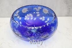 Vintage Bohemian Czech Cobalt Blue Cut Clear Crystal Glass Large Bowl 9 Floral