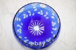 Vintage Bohemian Czech Cobalt Blue Cut Clear Crystal Glass Large Bowl 9 Floral