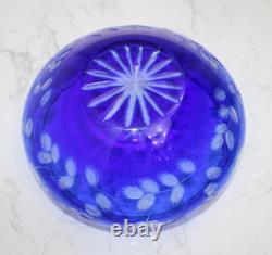 Vintage Bohemian Czech Cobalt Blue Cut Clear Crystal Glass Large Bowl 9 Floral