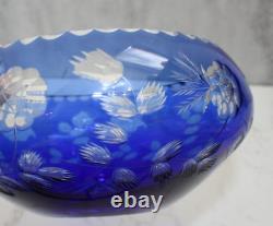 Vintage Bohemian Czech Cobalt Blue Cut Clear Crystal Glass Large Bowl 9 Floral