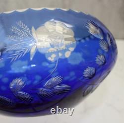 Vintage Bohemian Czech Cobalt Blue Cut Clear Crystal Glass Large Bowl 9 Floral