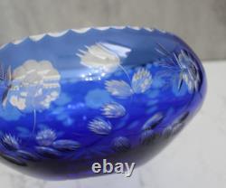 Vintage Bohemian Czech Cobalt Blue Cut Clear Crystal Glass Large Bowl 9 Floral