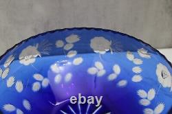 Vintage Bohemian Czech Cobalt Blue Cut Clear Crystal Glass Large Bowl 9 Floral