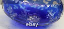 Vintage Bohemian Czech Cobalt Blue Cut Clear Crystal Glass Large Bowl 9 Floral