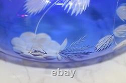 Vintage Bohemian Czech Cobalt Blue Cut Clear Crystal Glass Large Bowl 9 Floral