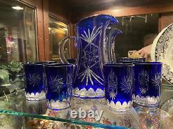 Vintage Bohemian Czech Cobalt Blue Flashed Cut to Clear Lead Crystal Pitcher Set