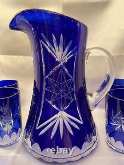 Vintage Bohemian Czech Cobalt Blue Flashed Cut to Clear Lead Crystal Pitcher Set