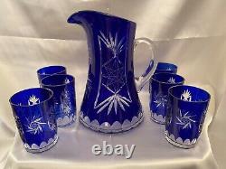 Vintage Bohemian Czech Cobalt Blue Flashed Cut to Clear Lead Crystal Pitcher Set