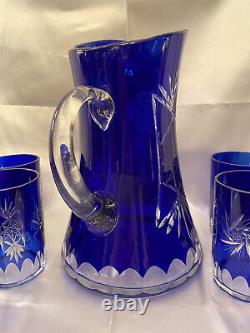 Vintage Bohemian Czech Cobalt Blue Flashed Cut to Clear Lead Crystal Pitcher Set