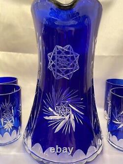 Vintage Bohemian Czech Cobalt Blue Flashed Cut to Clear Lead Crystal Pitcher Set