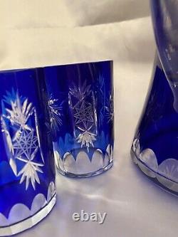 Vintage Bohemian Czech Cobalt Blue Flashed Cut to Clear Lead Crystal Pitcher Set