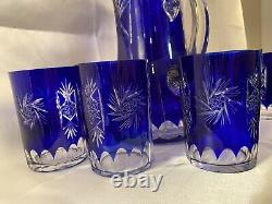 Vintage Bohemian Czech Cobalt Blue Flashed Cut to Clear Lead Crystal Pitcher Set