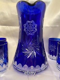 Vintage Bohemian Czech Cobalt Blue Flashed Cut to Clear Lead Crystal Pitcher Set