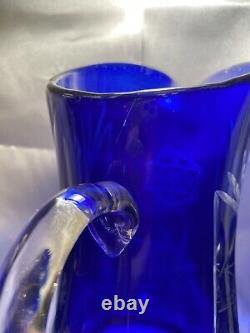 Vintage Bohemian Czech Cobalt Blue Flashed Cut to Clear Lead Crystal Pitcher Set