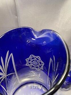 Vintage Bohemian Czech Cobalt Blue Flashed Cut to Clear Lead Crystal Pitcher Set