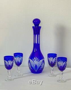 Vintage Bohemian Czech Crystal Cobalt Blue Cut to Clear Decanter Set. Mint