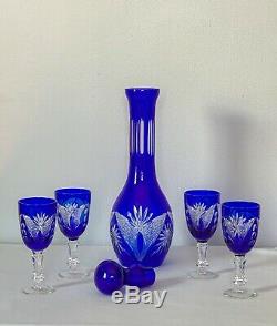 Vintage Bohemian Czech Crystal Cobalt Blue Cut to Clear Decanter Set. Mint