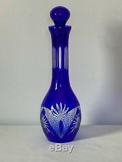 Vintage Bohemian Czech Crystal Cobalt Blue Cut to Clear Decanter Set. Mint