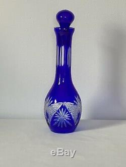 Vintage Bohemian Czech Crystal Cobalt Blue Cut to Clear Decanter Set. Mint