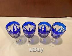 Vintage Bohemian Czech Crystal Cobalt Blue Cut to Clear Decanter Set. Mint