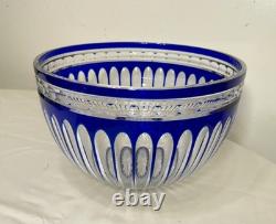 Vintage Bohemian Czech centerpiece cobalt blue cut to clear glass crystal bowl
