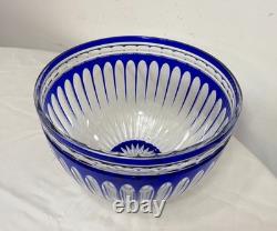 Vintage Bohemian Czech centerpiece cobalt blue cut to clear glass crystal bowl