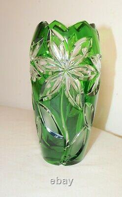 Vintage Bohemian Czech green cut to clear glass crystal flower floral vase