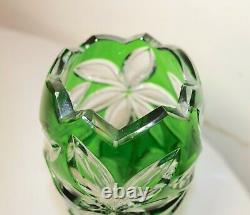 Vintage Bohemian Czech green cut to clear glass crystal flower floral vase