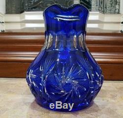Vintage Bohemian Glass Cobalt Blue Cut to Clear Pitcher 24% Lead Crystal 8 H