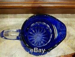 Vintage Bohemian Glass Cobalt Blue Cut to Clear Pitcher 24% Lead Crystal 8 H