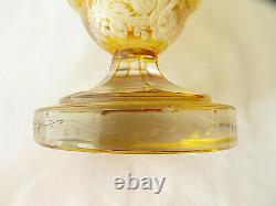 Vintage Bohemian Moser Amber Yellow Cut to Clear Crystal Vase Floral Intaglio