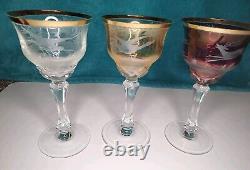 Vintage Bohemian Moser Cut Crystal Wildlife Glasses Set Of 3 RARE Gilt