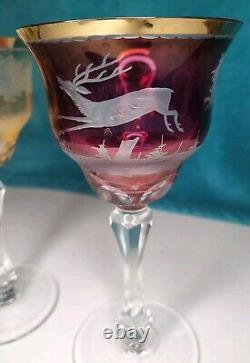 Vintage Bohemian Moser Cut Crystal Wildlife Glasses Set Of 3 RARE Gilt