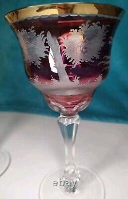 Vintage Bohemian Moser Cut Crystal Wildlife Glasses Set Of 3 RARE Gilt